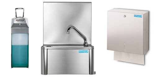 Hupfer Edelstahl Hygieneprogramm - Handwaschbecken - Seifen-& Desinfektionsmittelspender - Papierkorb