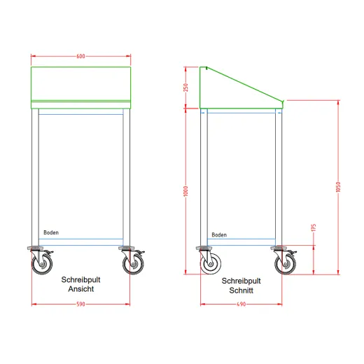 Ma�zeichnung des CAT-Edelstahl Schreibpults SPF-WB-4-60, fahrbar, in Vorderansicht und Schnitt. Breite 600 mm, Tiefe 490 mm, Gesamth�he 1050 mm, Pultkasten 250 mm hoch, Bodenablage 175 mm �ber dem Boden.