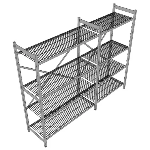 3D-Ansicht vom Hupfer Regal N35 - 230x61x180/200 cm mit Edelstahl Rostauflagen 3D-Ansicht des Hupfer Regals Norm-35 mit den Maßen 230x61x180/200 cm, ausgestattet mit hochwertigen Edelstahl Rostauflagen - ideal für Hygiene-, Kühl- und Lagerbereiche.