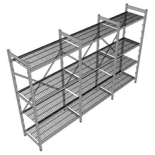 a3D-Ansicht des Hupfer Regals Norm-35 mit den Maen 290x61x180/200 cm, ausgestattet mit hochwertigen Edelstahl Rostauflagen - ideal fr Hygiene-, Khl- und Lagerbereiche.