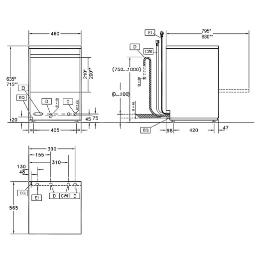 Mazeichnung der Zanussi Glsersplmaschine ZSDICWG mit 40x40 cm Korb, kompaktes Edelstahl-Gehuse, ideal fr Gastronomie, Bars und gewerblichen Einsatz.
