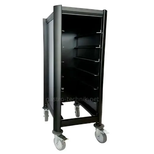 Leichter und g�nstiger schwarzer fahrbarer Tablettabr�umwagen f�r 7 Tabletts im Ma� 455x355 mm. Mit 7 Tablettaufnahmen im Abstand von 130 mm. Optimal f�r Caf�, B�ckerei, Mensa, Imbiss und Cafeteria.