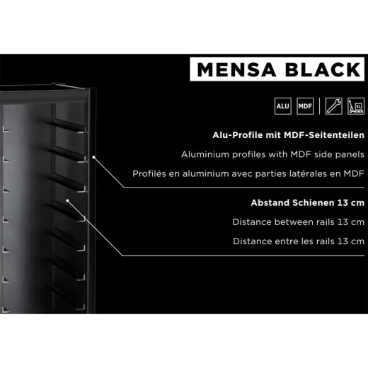Detailansicht der Einschubschienen des Tablettwagens 1x07-TWA1 - 7 Schienen im Abstand von 130 mm f�r Tabletts 455x355 mm. Stabile Alu-Profile f�r sichere Tablettr�ckgabe - ideal f�r Caf�, Imbiss, Mensa, Cafeteria, Kantine sowie Schul- & Kinderessen.