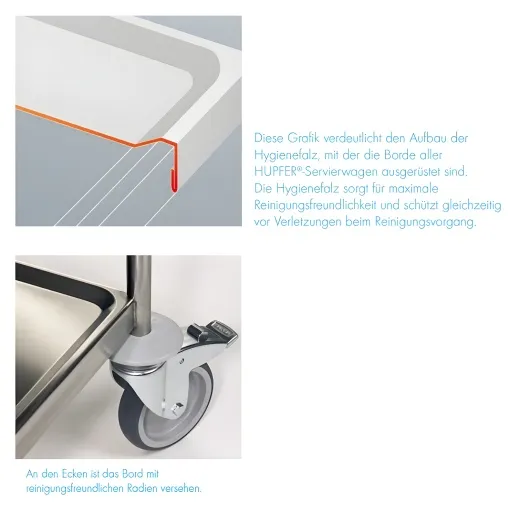Detailansicht der Qualit�tsmerkmale beim Hupfer Servierwagen SW 8x5-3: Bord mit Hygienefalz f�r hohe Reinigungsfreundlichkeit und mehr Sicherheit. Abgerundete Ecken, saubere Kanten und Radien sorgen f�r hygienische, belastbare Profi-Qualit�t.