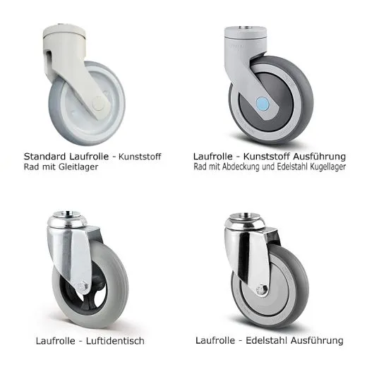 �bersicht der m�glichen Rollenausf�hrungen f�r den Hupfer Servierwagen SW 8x5-3: Standard Kunststoff, Kunststoff mit Abdeckung, luftidentisch besonders leise und Edelstahl. Bei gastro-technik.net einfach die gew�nschte Ausf�hrung ausw�hlen und online best