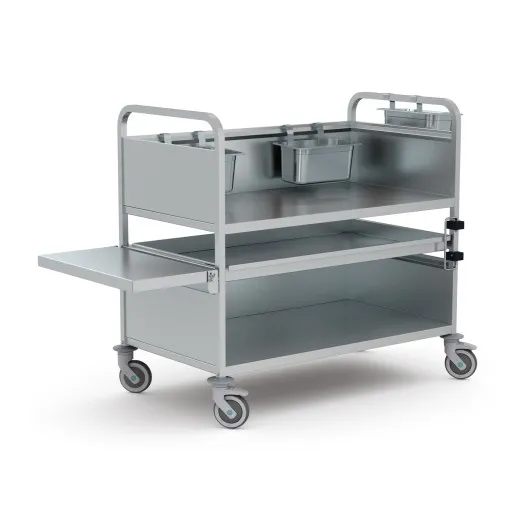 Hupfer Abräum Multi Mobil AMM 1205/695/1080 mit aufpreispflichtigem Zubehör wie Klappbord oder Anhängebehälter Anwendungsbeispiel des Hupfer AbräumMultiMobil AMM mit aufpreispflichtigem Zubehör wie seitlichem Klappbord zur Flächenerweiterung und praktischem Anhängebehälter für Abfälle oder Besteck. Ideal für den flexiblen Einsatz in Mensa, Speisenausgabe und Cafet