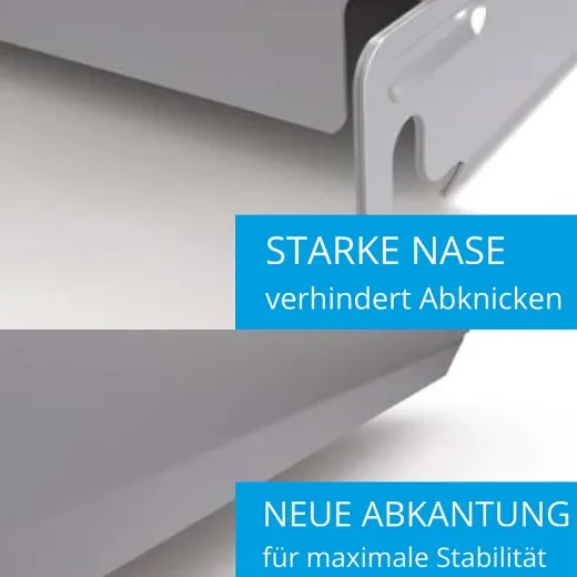 Detailansicht Hupfer Norm-20 Alu-Regalboden - starke Aufhängenase mit zusätzliche Abkantung für höchste Stabilität Die starke Aufhängenase und eine zusätzliche seitliche Abkantung am N-20 Hupfer Alu-Regalboden sorgen für höchste Stabilität beim Einsatz in Lebensmittel-, Hygiene-, Steril- und Medizinregalen.