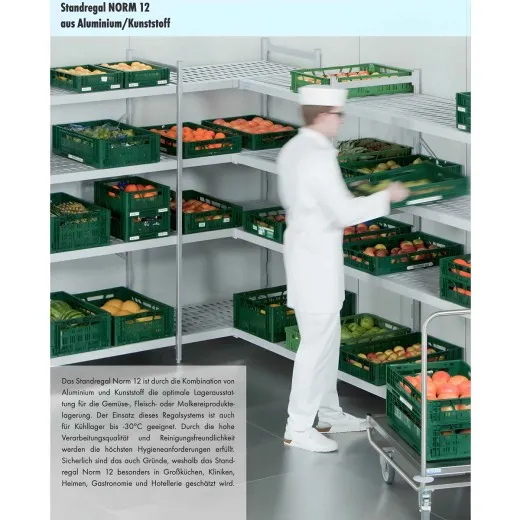 Anwendungsbeispiel Hupfer Norm-12 Alu/Kunststoff-Regalboden im Kühlraumregal Beispiel: Eingehängter Regalboden des Hupfer Norm-12 Regalsystems aus Aluminium und Kunststoff in einem Kühlraumregal für Lebensmittel. Die geschlossene Auflage lässt sich werkzeuglos einhängen und flexibel in der Höhe verstellen - optimal für Kühlräume.