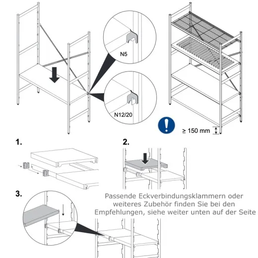 Schrittweise Darstellung der Montage eines Hupfer Norm-12 Regals mit Kunststoff Auflagen. Die Kunststoff Auflagen werden in die Rahmenkonstruktion eingeh�ngt und ohne Werkzeug fixiert. Die Anleitung zeigt die einfache Positionierung und H�heneinstellung.
