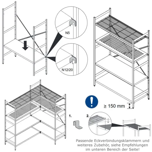 Hupfer Edelstahl-Drahtrostauflage Norm 5 - werkzeuglose Montage Einfache Montage der Hupfer Edelstahl-Drahtrostauflage Norm 5 durch werkzeugloses Einhängen in den Regalständer.