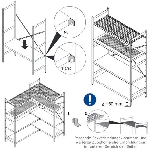 Hupfer Edelstahl-Drahtrostauflage Norm 5 - werkzeuglose Montage Einfache Montage der Hupfer Edelstahl-Drahtrostauflage Norm 5 durch werkzeugloses Einhängen in den Regalständer.