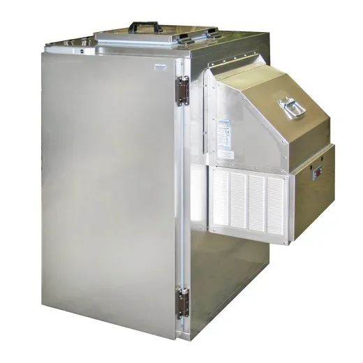 KC720CN - K. & M. Holland Mll- & Abfallkhler fr 1x240l Tonne - Front- und Seitenansicht mit geschlossener Tr und eingehngtem Seitenkhlgert