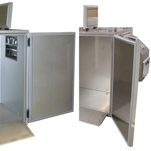 KC1420VZ - K. & M. Holland Mll- & Abfallkhler fr 2x240l Biomlltonne - Ansicht mit offener Tr und Detailansicht Innenraum