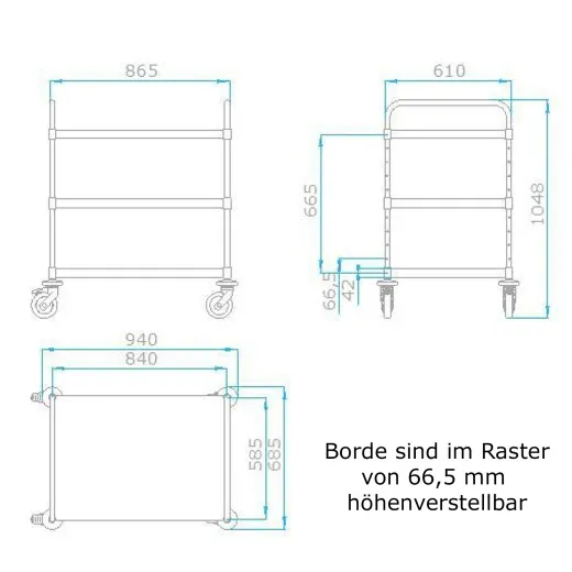 Ma�zeichnung des Hupfer Variocart Etagen- und Servierwagens 0112708-L VC 8x6/3 Black M-L. Darstellung von H�he, Breite und Tiefe sowie drei h�henverstellbaren Borden im 66,5 mm Raster. Optimiert f�r 60x40 cm Beh�lter und Getr�nkekisten.