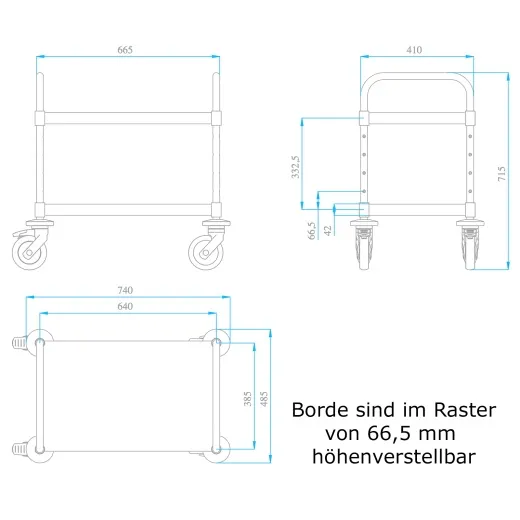 Ma�zeichnung des Hupfer Edelstahl VarioCart VC 6x4/2S-L in KITA Ausf�hrung. Servierwagen mit 2 Borden und leisen, laufruhigen Rollen. Stabile Edelstahlkonstruktion, hygienisch und leicht zu bewegen, ideal f�r den Einsatz in Kindergarten und Kinderbetreuun