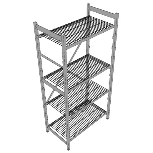 3D-Ansicht vom Hupfer Regal N35 - 90x61x180/200 cm mit Edelstahl Rostauflagen 3D-Ansicht des Hupfer Regals Norm-35 mit den Maßen 90x61x180/200 cm, ausgestattet mit hochwertigen Edelstahl Rostauflagen - ideal für Hygiene-, Kühl- und Lagerbereiche.