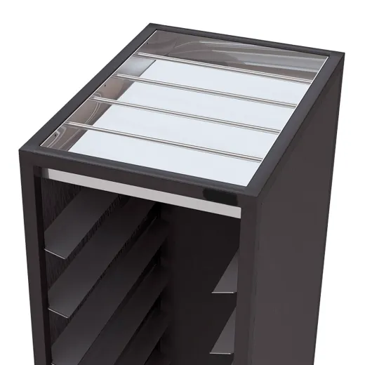 Optionaler Gl�ser-Einsatz aus rostfreiem Edelstahl f�r den grau/schwarzen Tablett-Abr�umwagen 1x09-TWA1S f�r 9 EN 1/1 Tabletts 530x370 mm. Ideal f�r Gl�ser, Becher oder Flaschen, mit integriertem Trennsystem, abnehmbar und hygienisch zu reinigen.