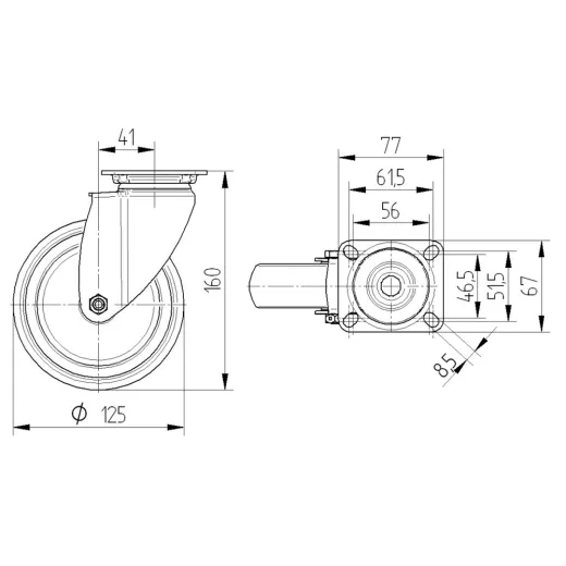 Technische Zeichnung (Front- und Draufsicht) der Lenkrolle aus Edelstahl LR Edelst P4/125 oF mit Rad-� 125 mm und Bauh�he 160 mm. Anschraubplatte 77x67 mm, Loch 8,5 mm, Lochabstand 61,5/56 x 51,5/46,5 mm.