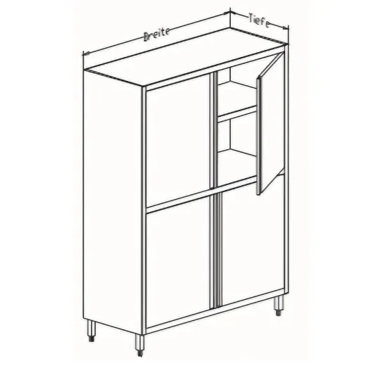 Mazeichnung des Edelstahl Hochschranks mit 195 cm Hhe und 80 cm Tiefe. Breite whlbar von 70 bis 120 cm. Geeignet fr hygienische Bereiche wie Molkereien, Fleischereien, Mensen, Gastronomie, Hotels, Lebensmittelverarbeitung, Labore und Kliniken.