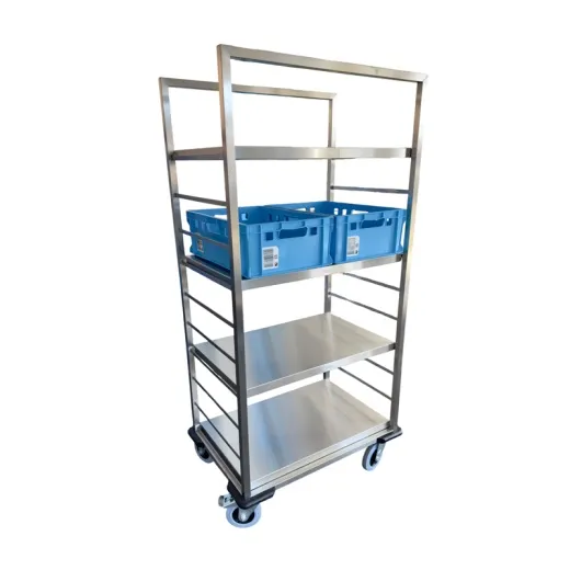 Anwendungsbeispiel Hupfer Regaltransportwagen RTW/S 9-6/1897 aus Edelstahl, verschwei�te Ausf�hrung f�r Auflagenformat 900x600 mm, mit optionalen Regalauflagen best�ckt - je Etage passend f�r 2 Euro-Beh�lter 60x40 cm. Artikel-Nr.: 0109734.