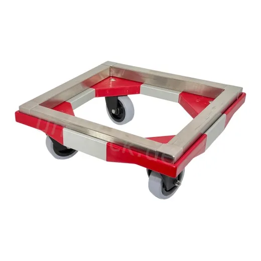 Edelstahl-Einlegerahmen EER400 (1.4301) eingesetzt im Transportwagen Rolli ROL400. Fixiert die BOX zuverlssig und verhindert Verrutschen beim Transport. Mae: 419 x 419 x 35 mm.