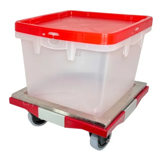 Edelstahl-Einlegerahmen EER400 (1.4301) im BOX Transport Rolli ROL400 mit eingesetzter BOX. Fr sicheren Halt und besseres Handling beim Transport. Mae: 419 x 419 x 35 mm.