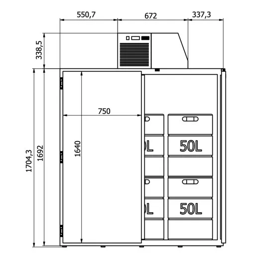 K&M Holland Fassvorkhler fr 12x50l Fsser, verzinkte Ausfhrung. Detaillierte Mazeichnung mit Frontansicht. Stabiler und leistungsstarker Fass- & Getrnkekistenkhler fr Catering, Hotel oder Veranstaltungsgastronomie.