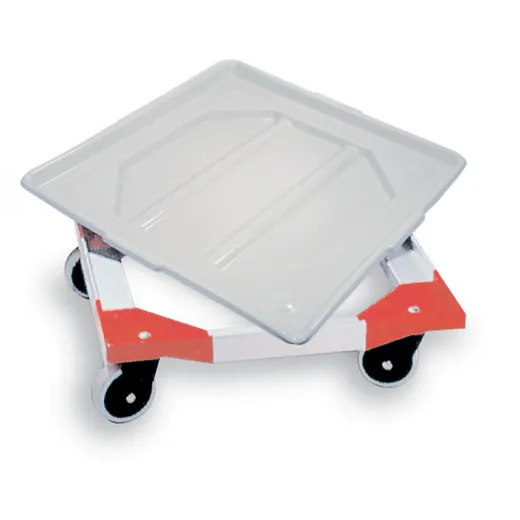 Anwendungsbeispiel: Korbtransportwagen ROL500 f�r 50x50 cm Gl�serracks oder Gl�serk�rbe. Stabil und leicht zu bewegen dank 4 Lenkrollen mit Edelstahl-Kugellagern. Leiser Lauf, belastbar bis 250 kg. Ohne Wanne, optional erweiterbar mit Abtropfwa