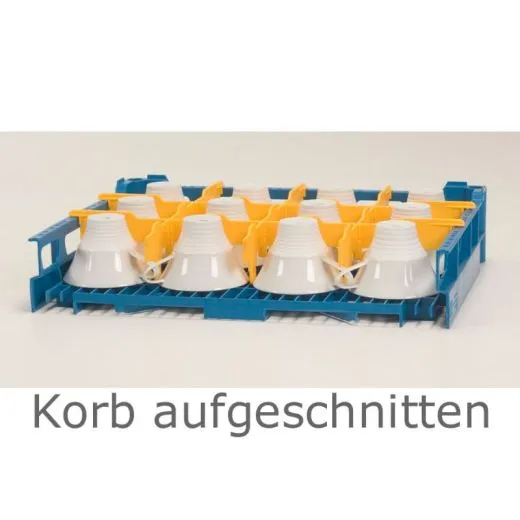 aufgeschnittener Spülkorb Typ TK_E-3x4-73 - Tassenkorb 50x50cm für 12 Tassen (Innenhöhe 73mm) Aufgeschnittener Spülkorb Typ TK_E-3x4-73 – Tassenkorb 50x50cm für 12 Tassen mit einer Innenhöhe von 73mm, ideal für optimale Reinigung und platzsparende Lagerung.