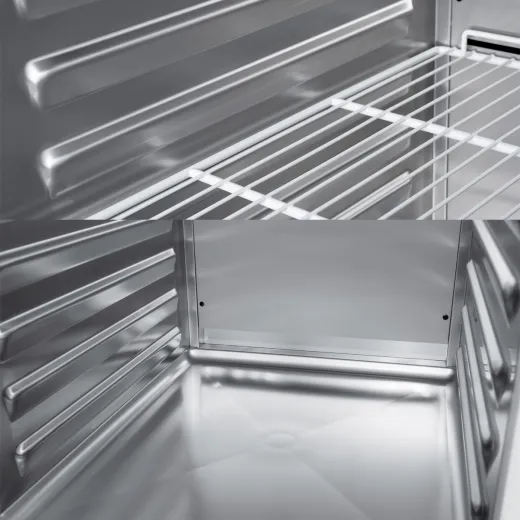 Detailansicht des Edelstahl-Innenraums vom Chromonorm NEXA-Plus BR 690 GN 2/1 Gewerbetiefk�hlschrank. Hygienisch tiefgezogener Innenkorpus mit gerundeten Ecken und fugenloser Bodenwanne f�r einfache Reinigung und optimale Lebensmittelhygiene.