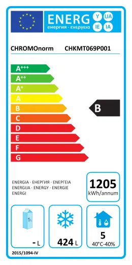 Energielabel des Chromonorm NEXA-Plus BR 690 GN 2/1 Edelstahl Gewerbek�hlschranks. Energieeffizienzklasse A, Energieverbrauch 0,89 kWh/24 h, Klimaklasse 5 und umweltfreundliches K�ltemittel R290 ideal f�r energieeffiziente Tieffk�hlung in Gastronomie.