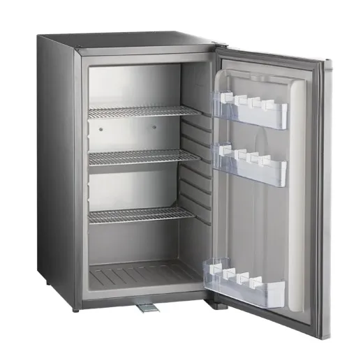 Schwarze NordCap Minibar TM 52/55-V - 3 Ebenen - LED-Beleuchtung - leise Absorbertechnik Bildbeschreibung: NordCap Minibar TM 52/55-V mit 44 l Bruttoinhalt. Abm.: 402x465x670 mm B/T/H. Temperatur +2°C bis +10°C, NH3 Kältemittel, 0,50 kWh/24h. Abschließbar, LED-Beleuchtung, automatische Abtauung, Türanschlag rechts wechselbar.