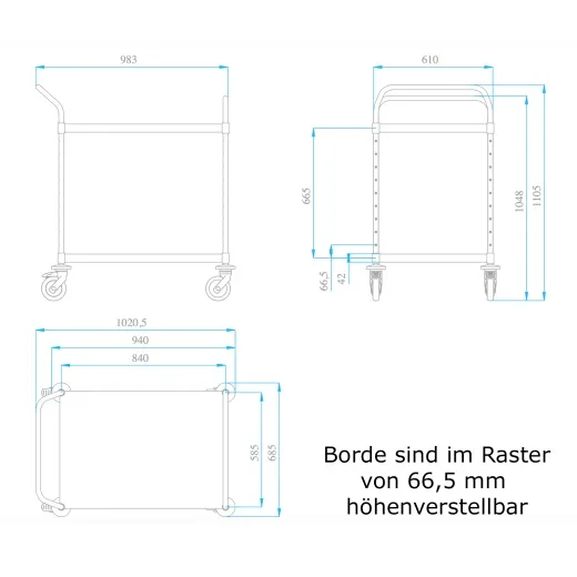 Hupfer Edelstahl Servierwagen VarioCart - VC 8x6/2 Ergo M-L - 2 Borde