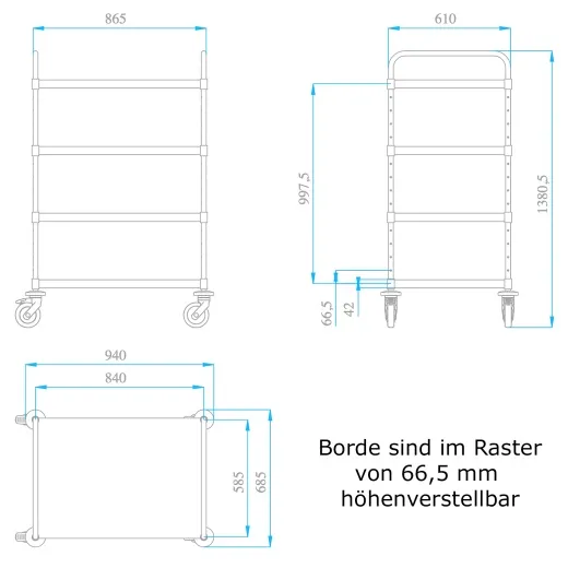 Mazeichnung des Hupfer Edelstahl Etagenwagens VarioCart VC 8x6/4 L-L mit 4 verstellbaren Borden, optimiert fr EURO-Boxen 60x40 cm, mit leisen Rollen und stabiler Bauweise.