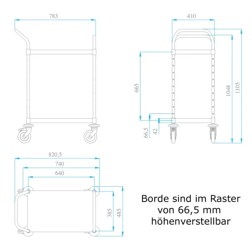 Ma�zeichnung Hupfer Edelstahl VarioCart Servierwagen VC 8x6/2 Ergo M mit zwei Borden und ergonomischem Ergo-Griff. F�r 60x40 cm Beh�lter, Thermoports oder Getr�nkekisten. Mit leisen, luftidentischen Rollen. Geeignet f�r Pharma, Lebensmittel, Catering und