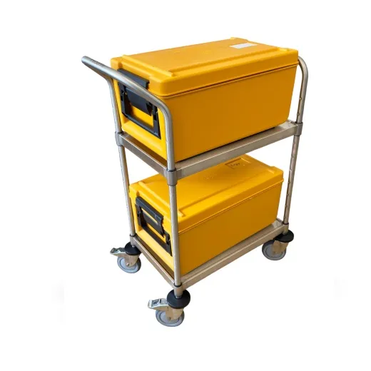 Hupfer Servierwagen VarioCart VC 6x4/2 Ergo M-L aus Edelstahl mit 2 Borden. Anwendungsbeispiel als Transportwagen f�r Rieber Thermoport. Ausgestattet mit leisen, luftidentischen Rollen f�r ger�uscharmen Lauf, stabil und geeignet f�r professionelle K�chen