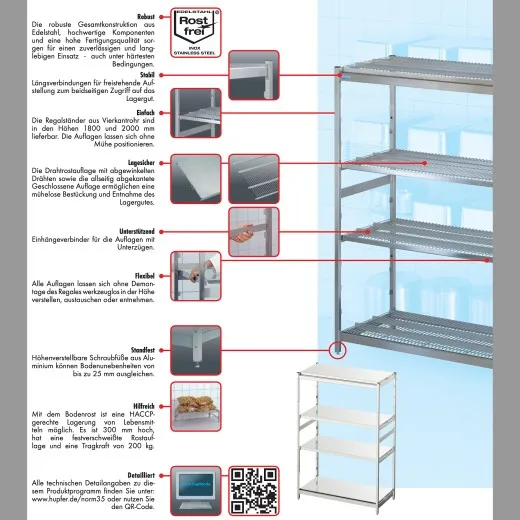 Übersicht der Vorteile und Details von Hupfer Norm-35 Edelstahl Schwerlastregalen Übersicht der wichtigsten Vorteile und technischen Details der Hupfer Norm-35 Edelstahl Schwerlast Stand- und Lagerregale - ideal für hygienische und belastbare Anwendungen.