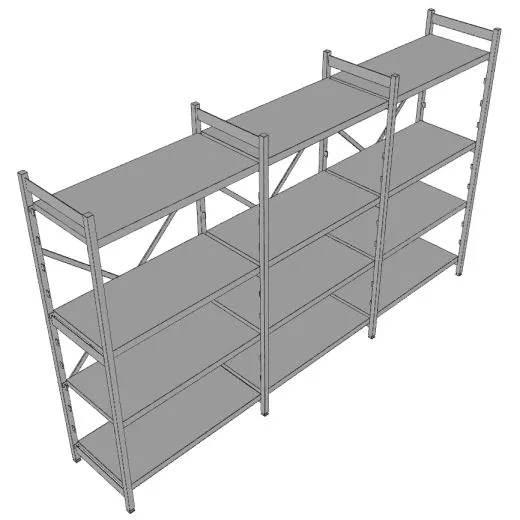 3D-Ansicht vom Hupfer Regal N35 - 300x51x180/200 cm mit Edelstahl Blechauflagen 3D-Ansicht des Hupfer Regals Norm-35 mit den Maßen 300x51x180/200 cm, ausgestattet mit hochwertigen Edelstahl Blechauflagen - ideal für Hygiene-, Kühl- und Lagerbereiche.