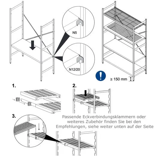 Montageanleitung für Hupfer Norm-12 Regalroste und Regalböden in in die Regalständer oder bei Eckaufstellung mit Eckverbindungsklammer Schrittweise Darstellung der Montage eines Hupfer Norm-12 Regals mit Kunststoff Rostauflagen. Die Regalroste werden in die Rahmenkonstruktion eingehängt und ohne Werkzeug fixiert. Die Anleitung zeigt die einfache Positionierung und Höheneinstellung.
