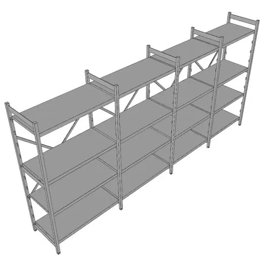 3D-Ansicht vom Hupfer Regal N35 - 380x61x180/200 cm mit Edelstahl Blechauflagen 3D-Ansicht des Hupfer Regals Norm-35 mit den Maßen 380x61x180/200 cm, ausgestattet mit hochwertigen Edelstahl Blechauflagen - ideal für Hygiene-, Kühl- und Lagerbereiche.
