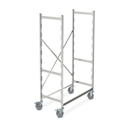 Fahrbares Aluminium-Regal Hupfer VRZ 13x6-16 in Ansicht ohne Auflagen. Zwei stabile Regalstnder mit Rollenbefestigung, Kreuzstrebe und Aluminium-Winkelprofile, zerlegt geliefert. Tragkraft 200 kg, passend fr Eurobehlter 60x40 cm, Art. 0223062.