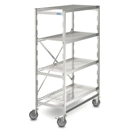 Fahrbares Aluminium-Regal Hupfer VRZ 13x6-16 in Ansicht mit Auflagen. Zwei stabile Regalstnder mit Rollenbefestigung, Kreuzstrebe und Aluminium-Winkelprofile, zerlegt geliefert. Tragkraft 200 kg, passend fr Eurobehlter 60x40 cm, Art. 0223062.