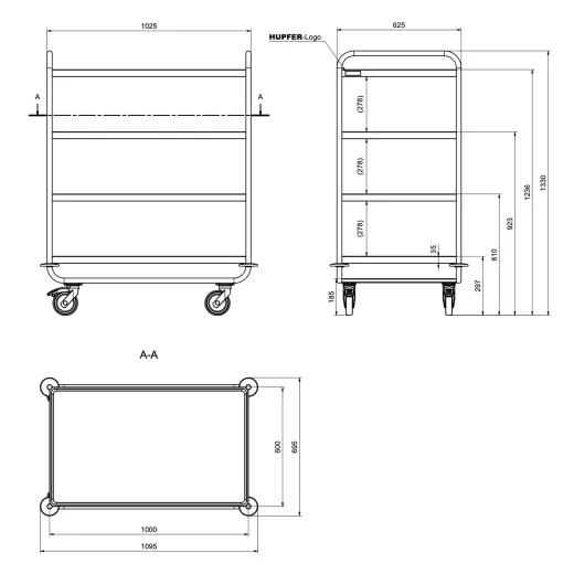 Ma�zeichnung des Hupfer Edelstahl Etagenwagens Typ SSW 10x6-4 - 0112352. Schwerer Servierwagen mit 4 Borden, Bordma� 975x600 mm, stabile Konstruktion, Nutzlast bis 200 kg. Ideal f�r den Einsatz in Hotel, Jugendherberge, Apotheke, Klinik, KITA.