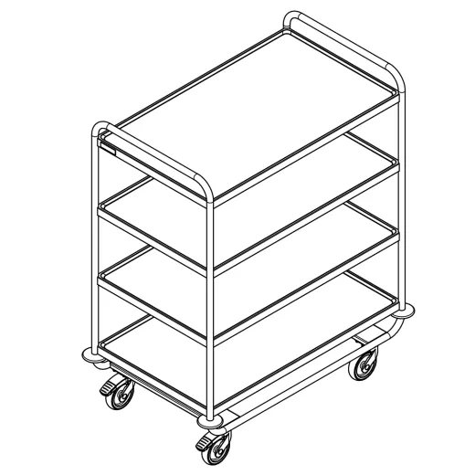 3D Ansicht des Hupfer Edelstahl Servierwagens SSW 10x6-4, Art.-Nr. 0112352. Stabiler Etagenwagen mit vier Borden 975x600 mm und Nutzlast bis 200 kg. Geeignet f�r Hotel, Klinik, Jugendherberge, Apotheke, Metzgerei, B�ckerei, Pharma oder Laborbereiche.