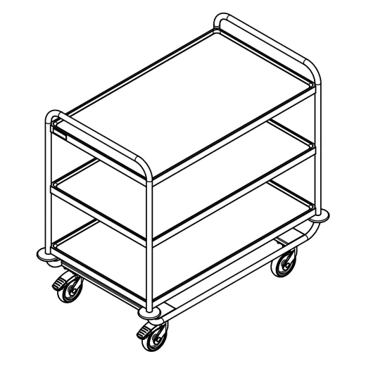 3D Ansicht des Hupfer Edelstahl Servierwagens SSW 10x6-3, Art.-Nr. 0112322. Stabiler Etagenwagen mit drei Borden 975x600 mm und Nutzlast bis 180 kg. Geeignet f�r Hotel, Klinik, Jugendherberge, Apotheke, Metzgerei, B�ckerei, Pharma oder Laborbereiche.