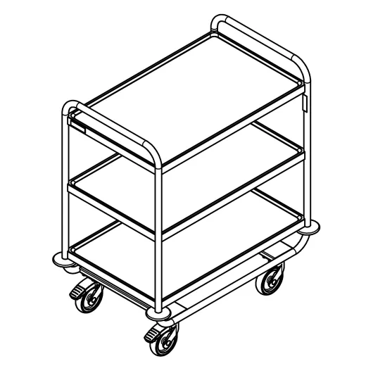 3D Ansicht des Hupfer Edelstahl Servierwagens SSW 8x5-3, Art.-Nr. 0112202. Stabiler Etagenwagen mit zwei Borden 800x500 mm und Nutzlast bis 180 kg. Geeignet f�r Hotel, Klinik, Jugendherberge, Apotheke, Metzgerei, B�ckerei, Pharma oder Laborbereiche.