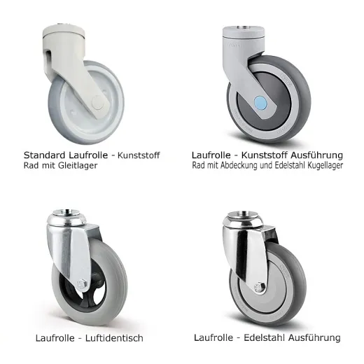 Der Hupfer Servierwagen SSW 8x5-3 - 0112202 ist mit verschiedenen Rollen lieferbar: Standard Kunststoffrollen, Kunststoffrollen mit Kugellager, leise luftidentische R�der oder Edelstahlrollen, optional auch in antistatischer Ausf�hrung.
