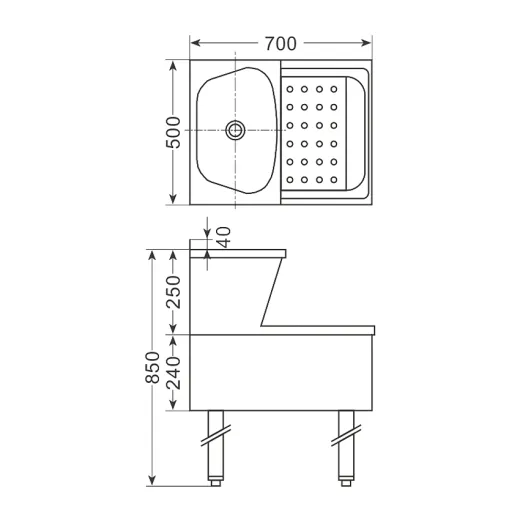 Technische Ma�zeichnung der Chromonorm Edelstahl Ausguss-Handwasch-Kombination AK0705C HWA mit Angaben zu Breite, Tiefe und H�he, Wandmontage und abnehmbaren F��en.