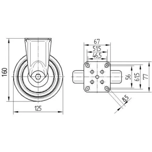Technische Zeichnung (Front- und Draufsicht) der Bockrolle aus Edelstahl BR Edelst P4/125 oF mit Rad-� 125 mm und Bauh�he 160 mm. Anschraubplatte 77x67 mm, Loch 8,5 mm, Lochabstand 61,5/56 x 51,5/46,5 mm.