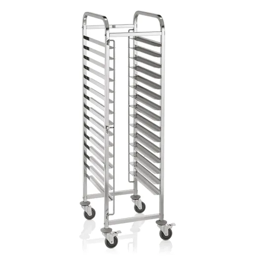 Edelstahl Stikkenwagen oder Regalwagen fr 15 Backbleche 60x40cm - 4 Lenkrder, davon 2 mit Feststeller, Rammschutz und mit Sicherungsbgel gegen das Herausrutschen von Backblechen oder Rosten
